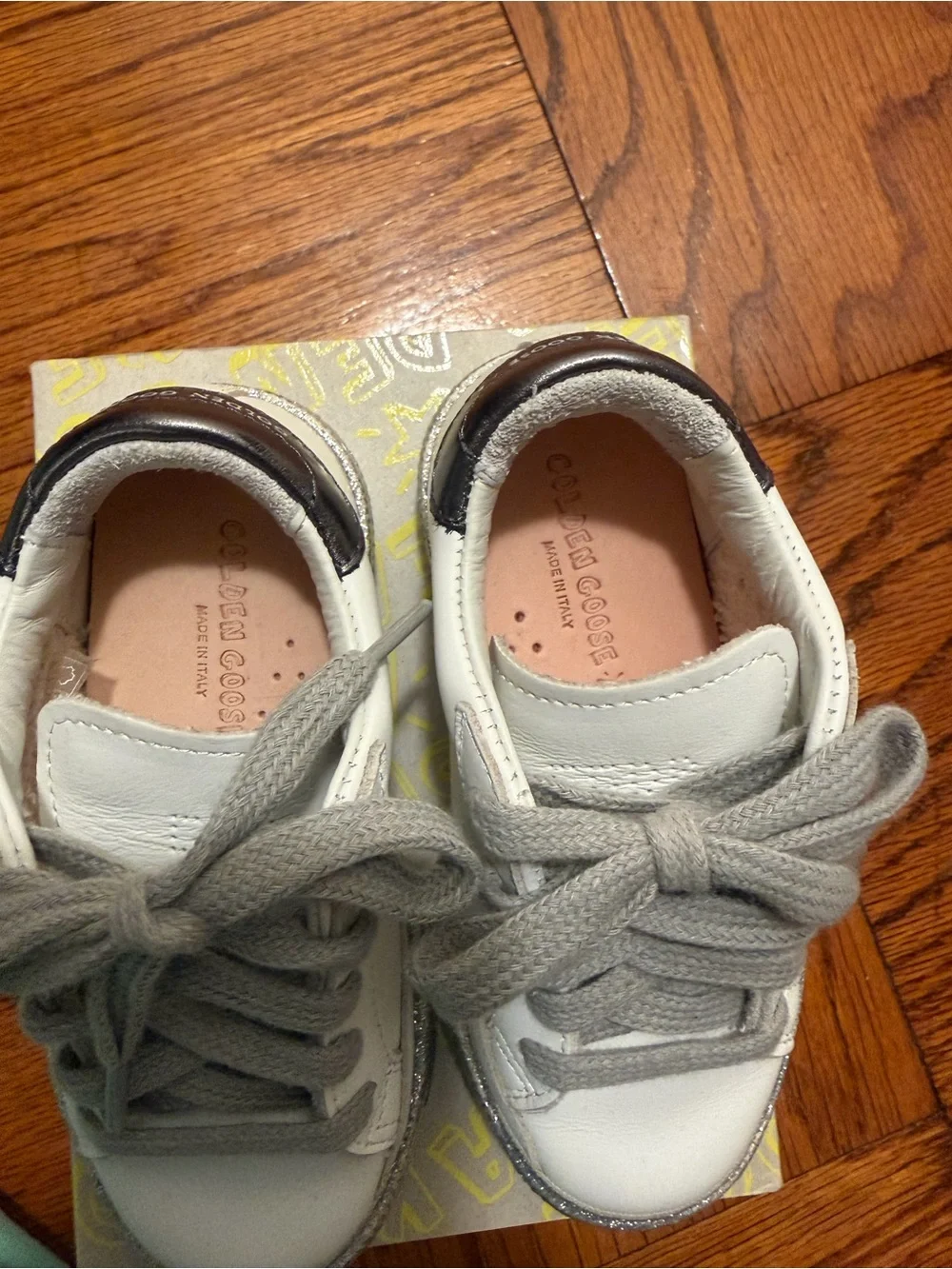 New - Golden Goose Kids White Sneakers with Silver Glitter Trim